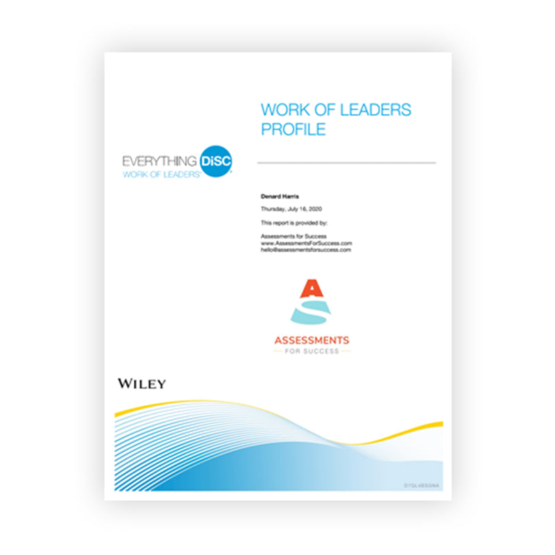 The Everything DiSC Work of Leaders® Profile is a leadership development assessment that helps individuals grow into their full potential as leaders. Effective for both individuals and groups, this assessment uses the power of DiSC to help participants learn about Vision, Alignment, and Execution.